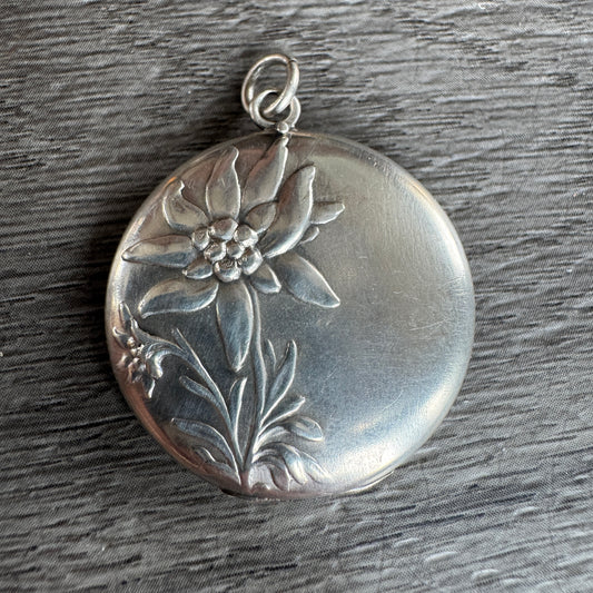 Pendentif ancien porte photo ou relique Art Nouveau - « Edelweiss » argent massif