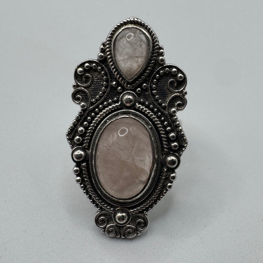 Grosse bague en argent et quartz rose