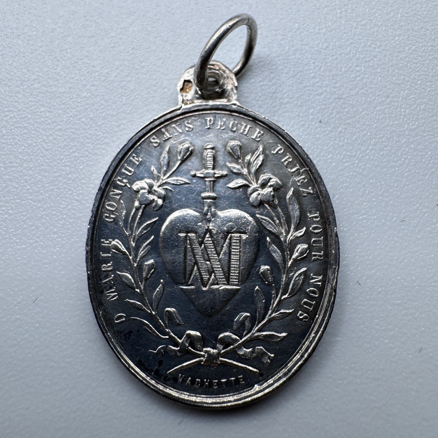 Superbe Médaille religieuse ancienne -  « Cœurs de Jésus et Marie » - argent