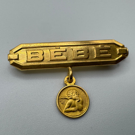 Broche ancienne " Bébé"- plaqué or - médaille ange