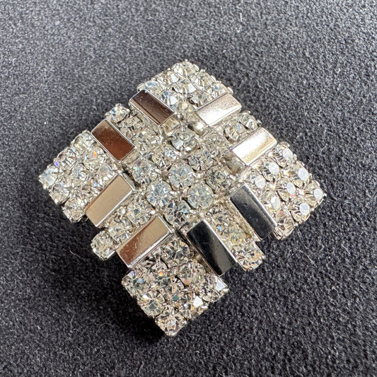 Broche Vintage ancienne en métal argenté et verroterie