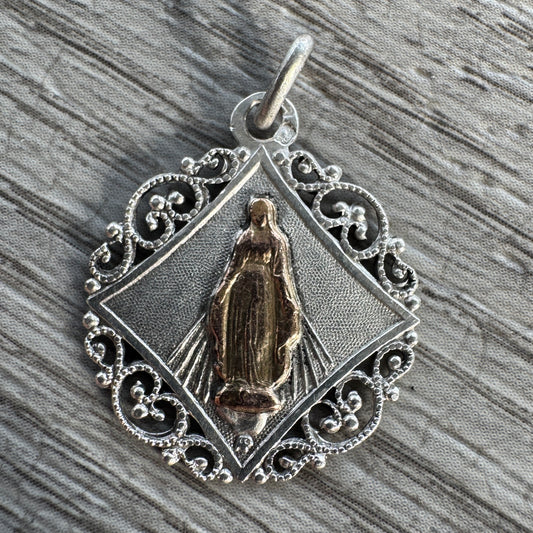 Médaille religieuse ancienne en argent et vermeil - Sainte Vierge