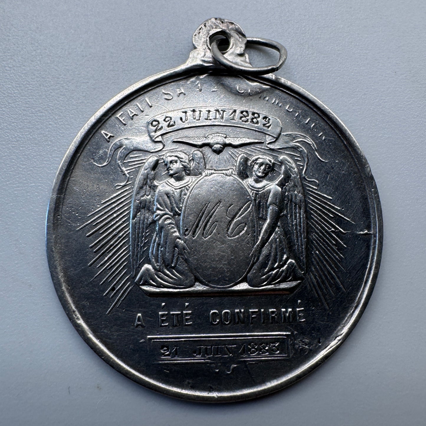 Rare grande Médaille religieuse ancienne « Jesus et les anges gardiens » - argent