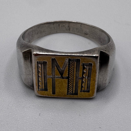 chevalière ancienne Art deco - argent massif et vermeil