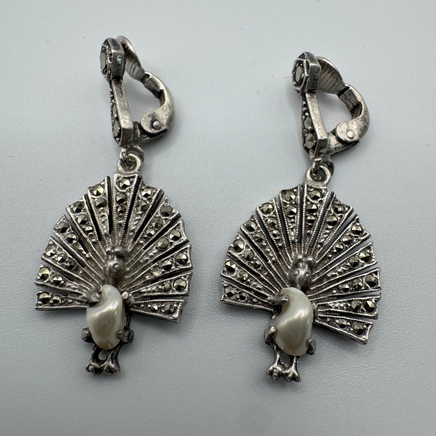 Boucles d’oreilles -  Art déco « Paons » - Argent et marcassites