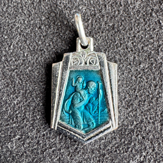 Médaille religieuse ancienne en métal émaillé « Saint Christophe »