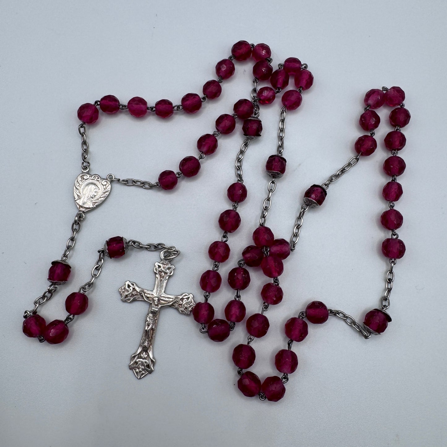 Chapelet ancien en argent et verre Rubis