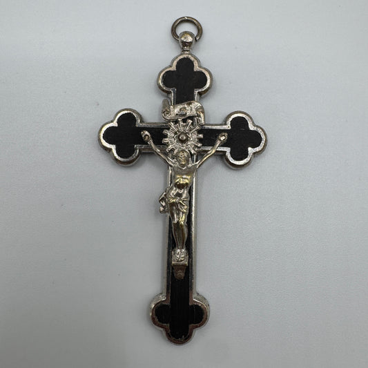 Croix crucifix ancien - bronze argente et ébène
