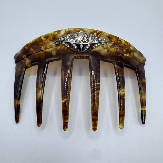 Peigne à cheveux art deco - celluloïd, métal argenté et strass