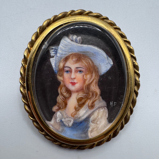 Superbe broche ancienne - portrait miniature peint à la main