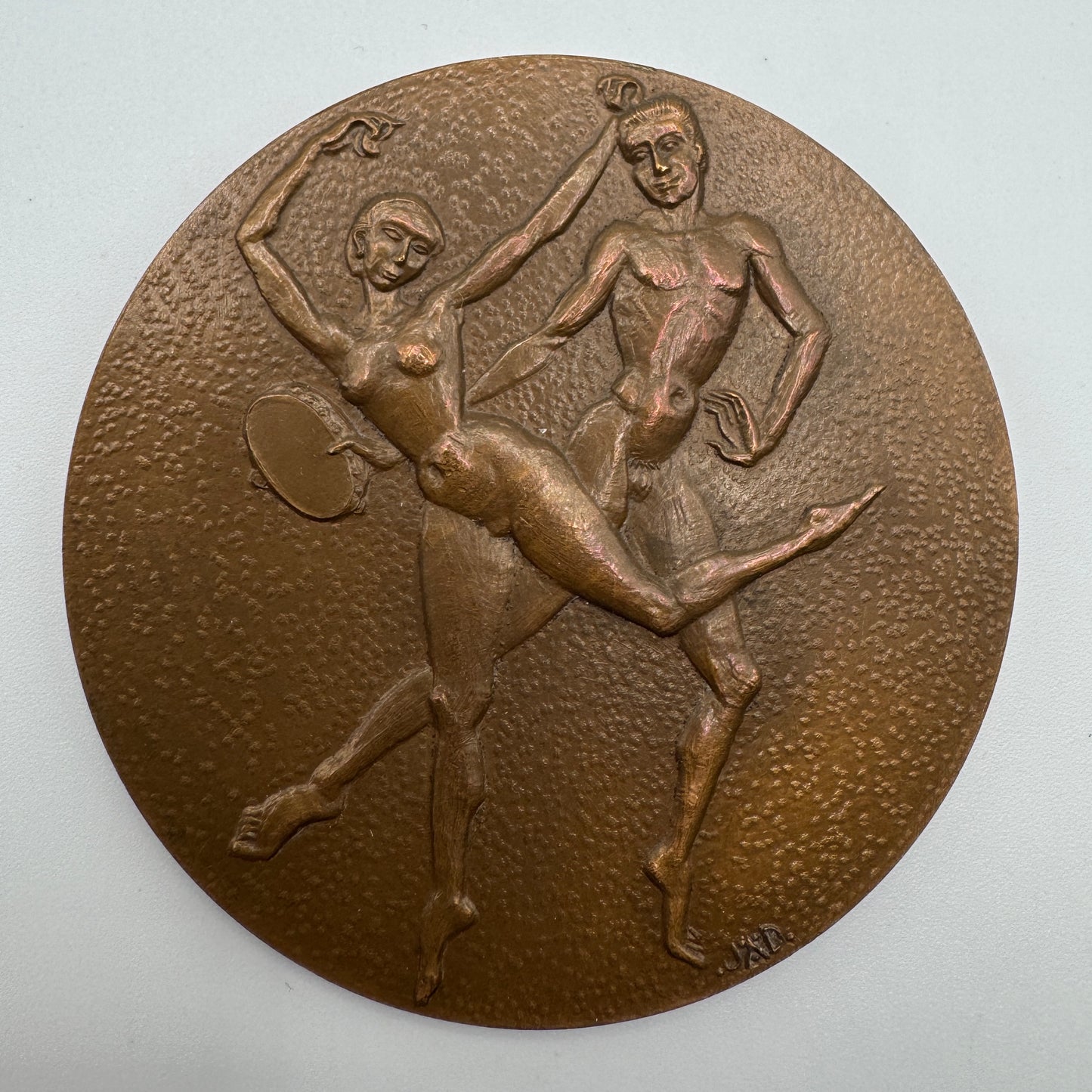 Medaille artistique ancienne en bronze « danseur et danseuse nus »