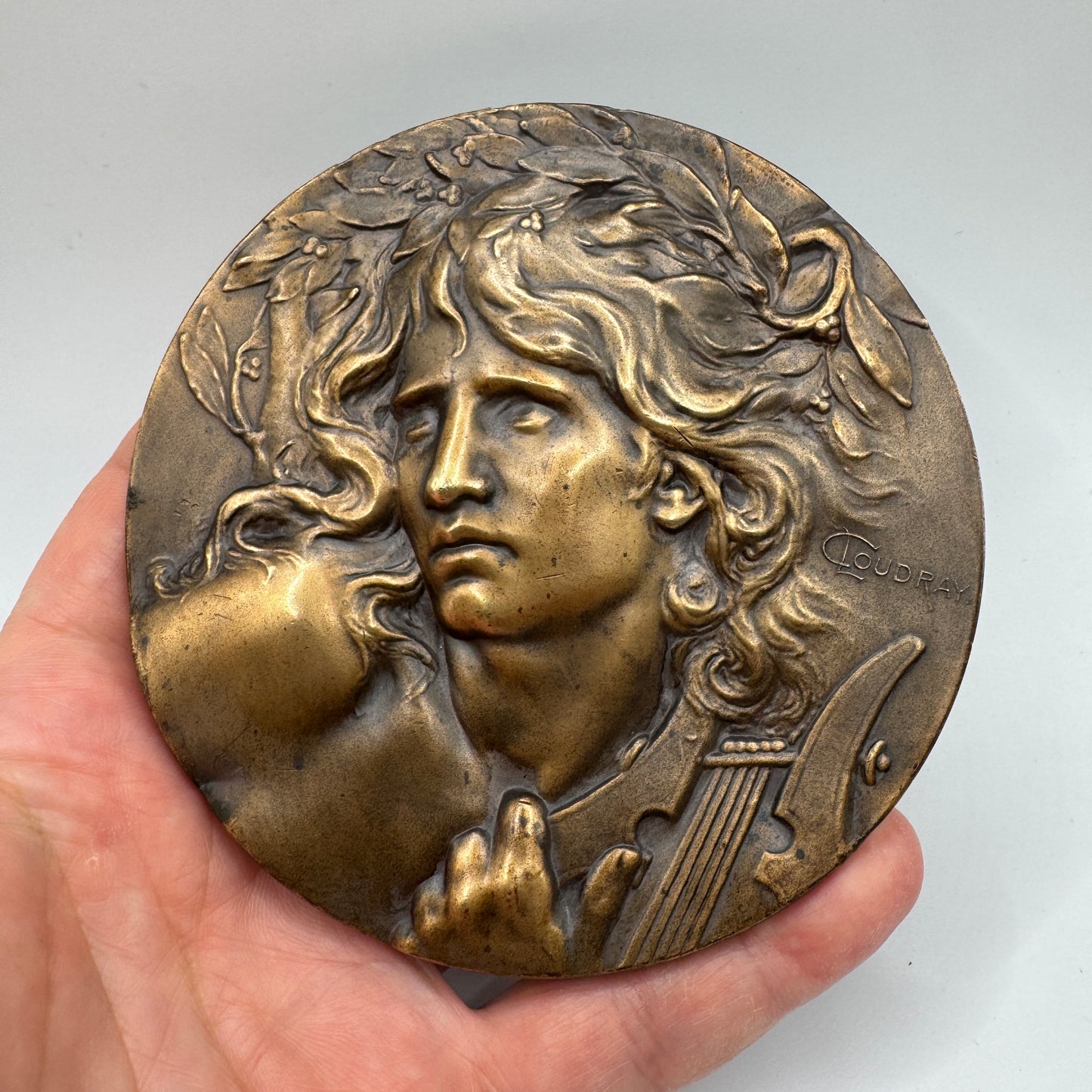 Énorme Médaille ancienne en bronze « Orphée » par Coudray