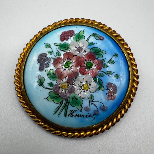Broche ancienne émaux d’art « bouquet de fleurs »