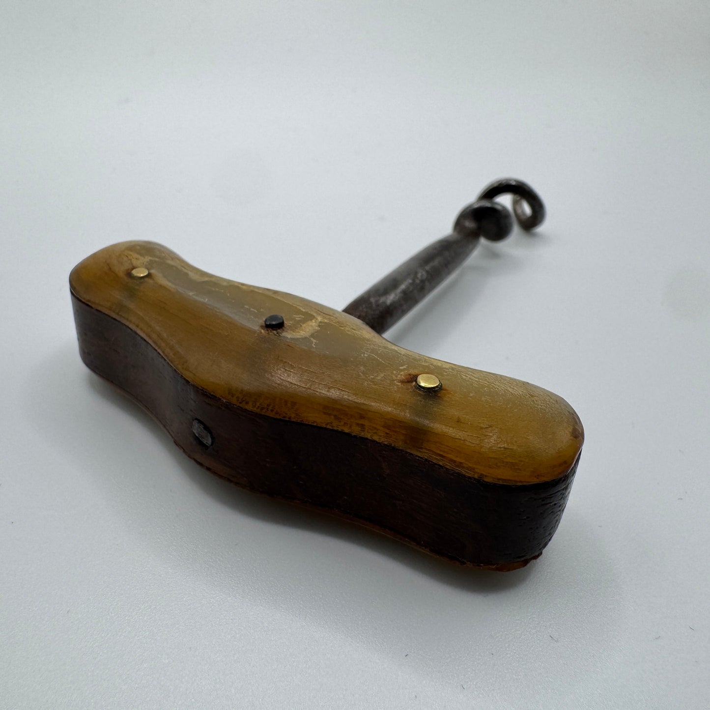 Tire bouchon ancien bronze acier, corne et bois
