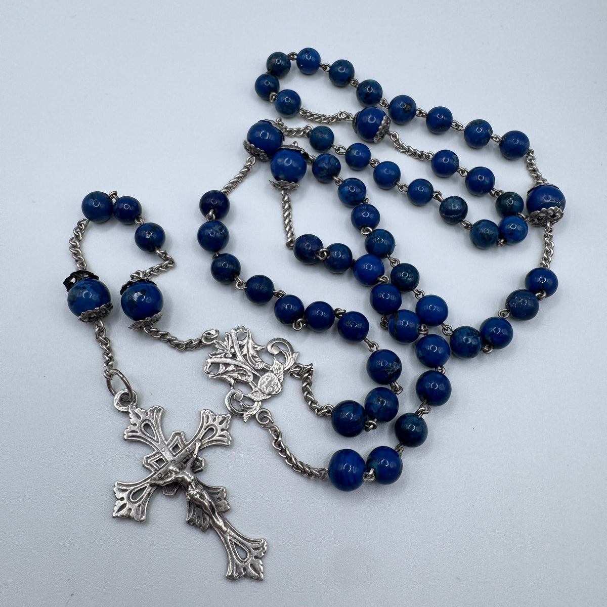 Superbe et Grand Chapelet ancien vers 1900 - argent massif et lapis-lazuli