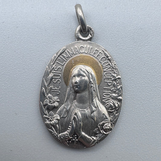 Medaille religieuse ancienne « Sainte Vierge » - argent massif et vermeil