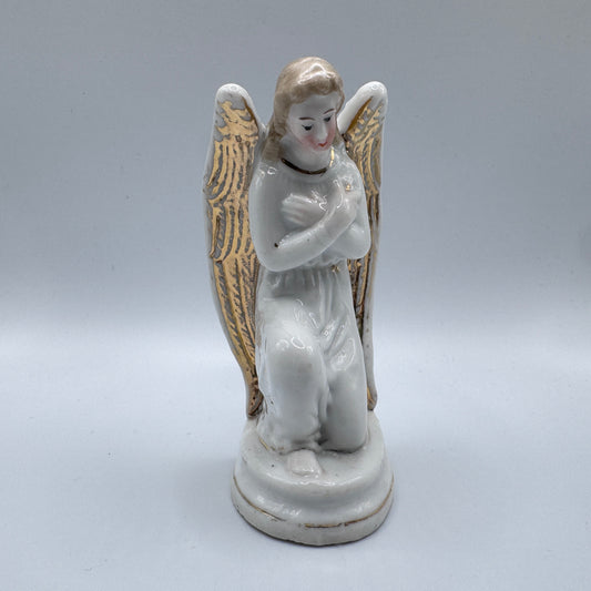 Petite sculpture religieuse ancienne en biscuit polychrome - ange gardien
