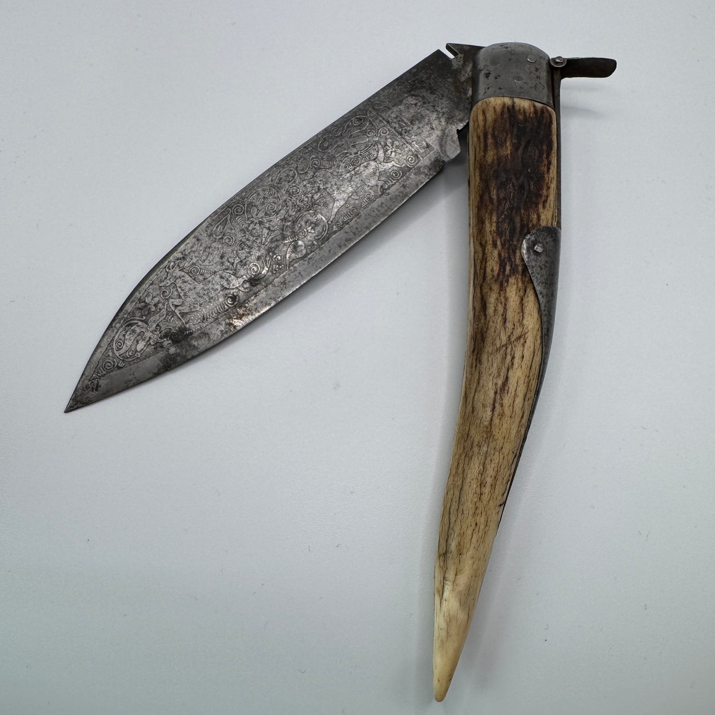 Rare grand Couteau pliant ancien XIXe Albacete/Navaja - « chasse au cerf »