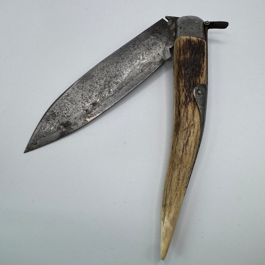 Rare grand Couteau pliant ancien XIXe Albacete/Navaja - « chasse au cerf »