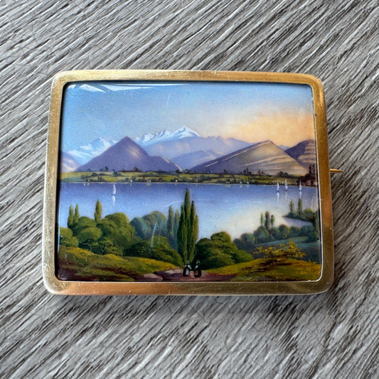 Broche ancienne argent vermeil et émaux  « Souvenir du lac Leman »
