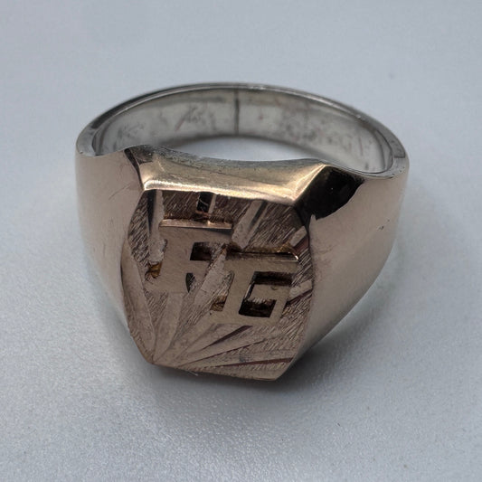 Superbe chevalière ancienne initiales FG - argent et or
