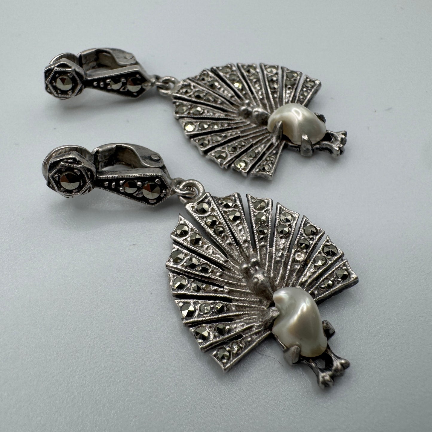 Boucles d’oreilles -  Art déco « Paons » - Argent et marcassites