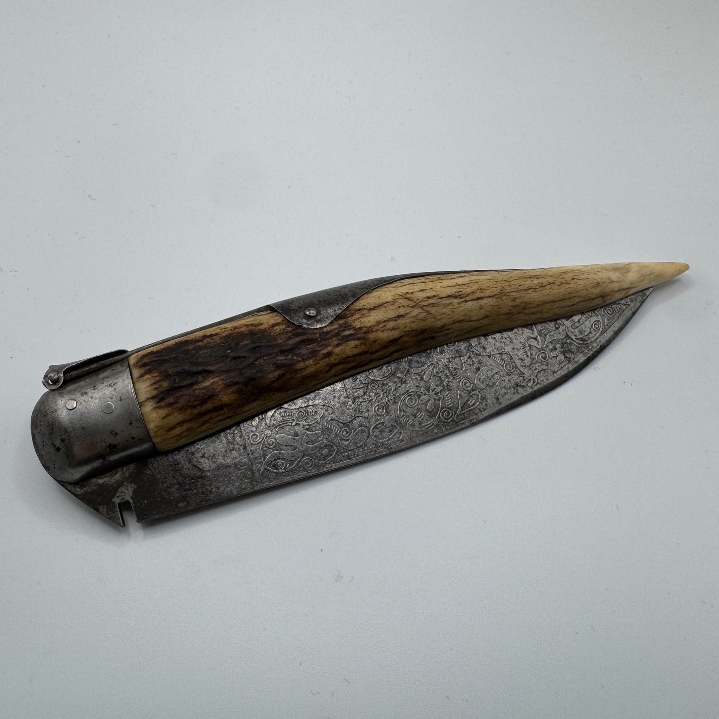 Rare grand Couteau pliant ancien XIXe Albacete/Navaja - « chasse au cerf »