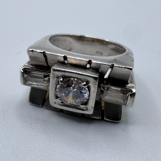 Grosse Bague TANK style Art Deco en argent et brillants