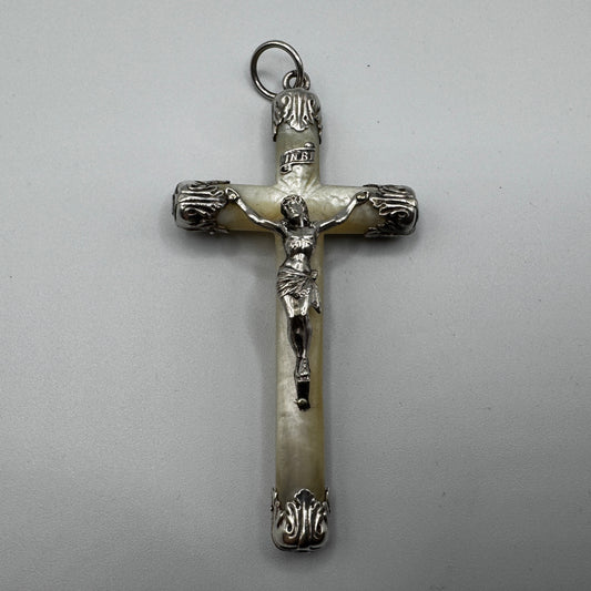 grande Croix crucifix ancien - argent et nacre