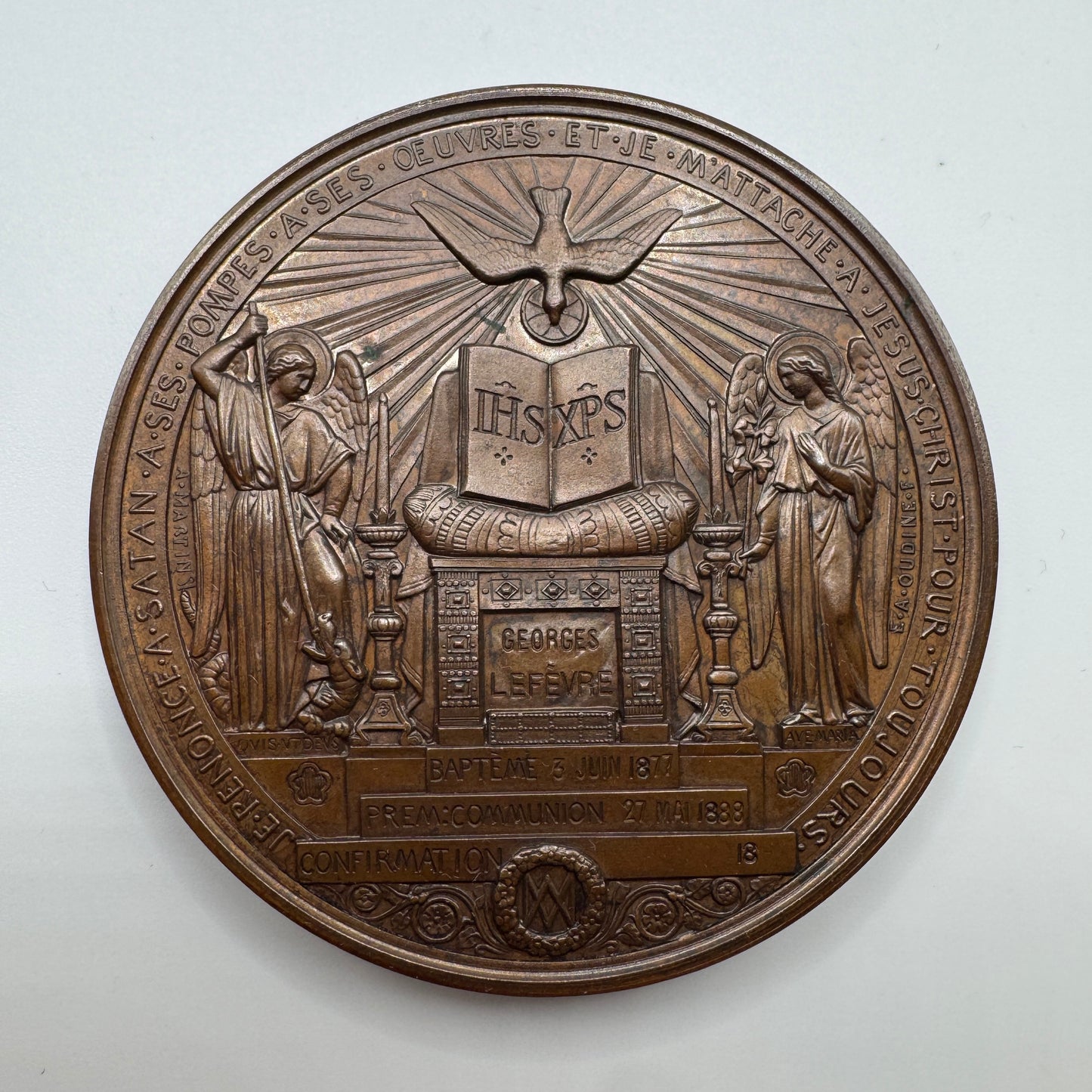 Grosse Médaille ancienne « baptême chrétien » par Oudiné