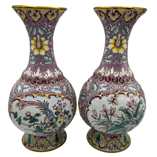 Paire de vases vintage asiatique - laiton émaillé