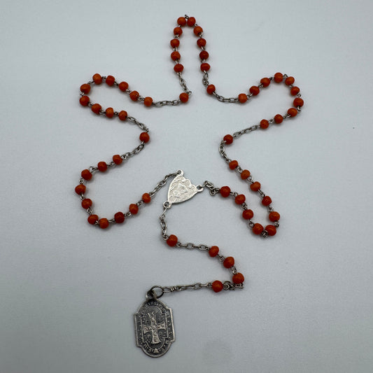 Petit Chapelet ancien vers 1900 « Saint Benoit » - argent massif et corail