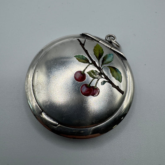 Petite boîte ancienne poudrier art nouveau - décor émaillé aux cerises