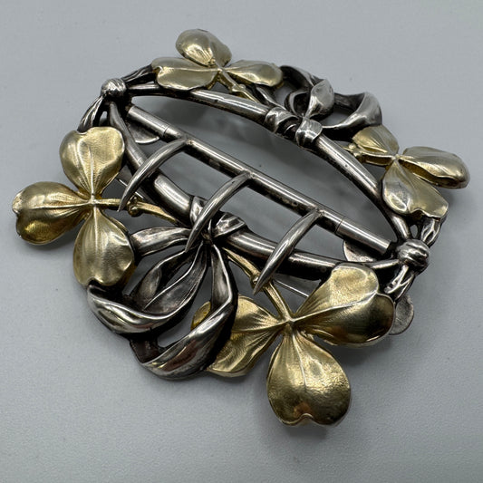 Boucle de ceinture ancienne en argent- style Art Nouveau, motif trèfles
