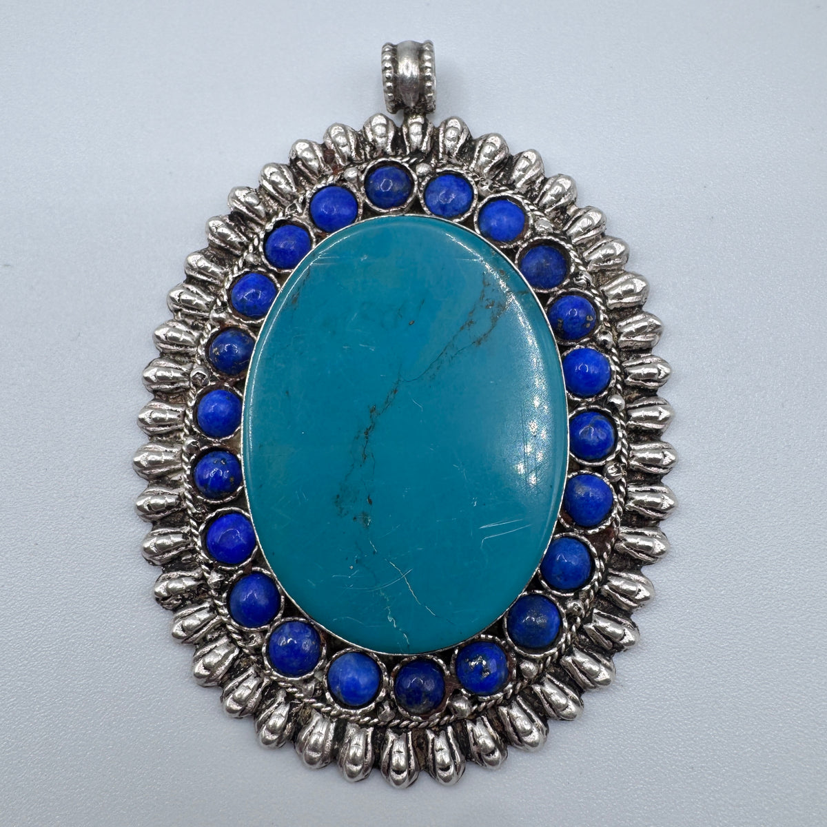 Grand Pendentif en argent, turquoise et lapis-lazuli