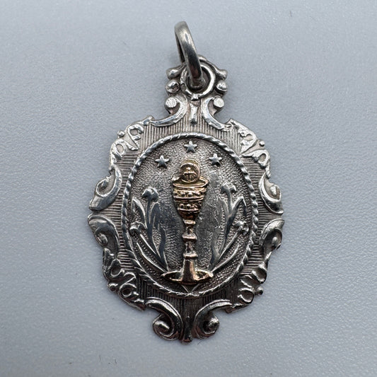 Superbe Médaille religieuse ancienne -  « calice » - argent et or