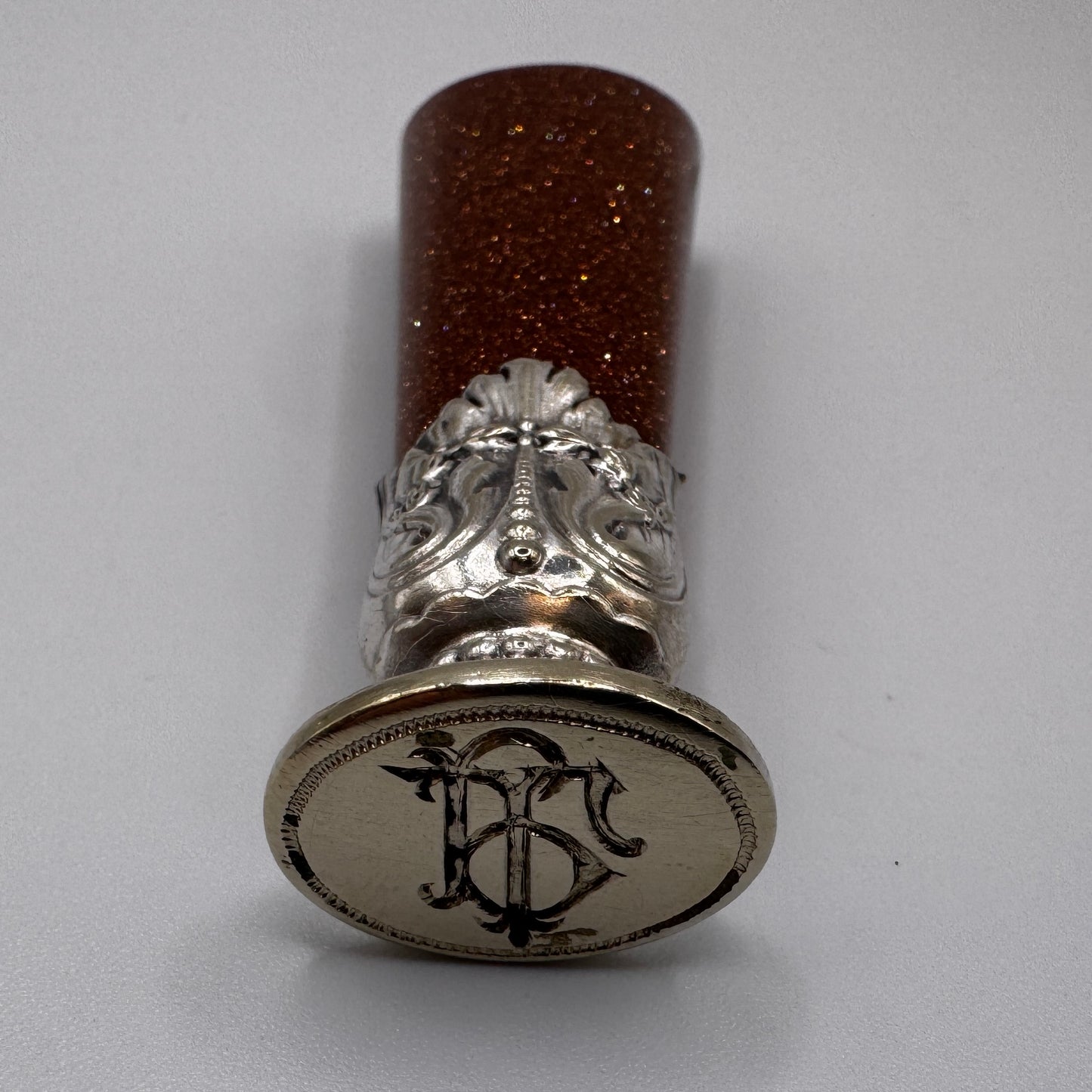 Superbe Cachet Sceau ancien XIXe - bronze argenté et pierre de soleil