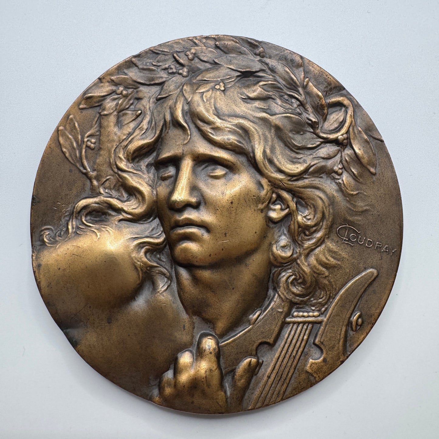 Énorme Médaille ancienne en bronze « Orphée » par Coudray