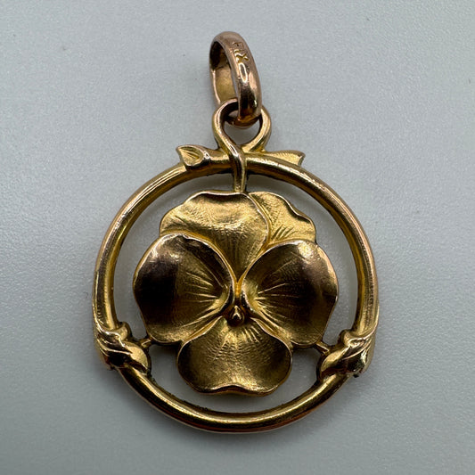 Pendentif ancien Art Nouveau « fleur Pensée » en plaqué or FIX