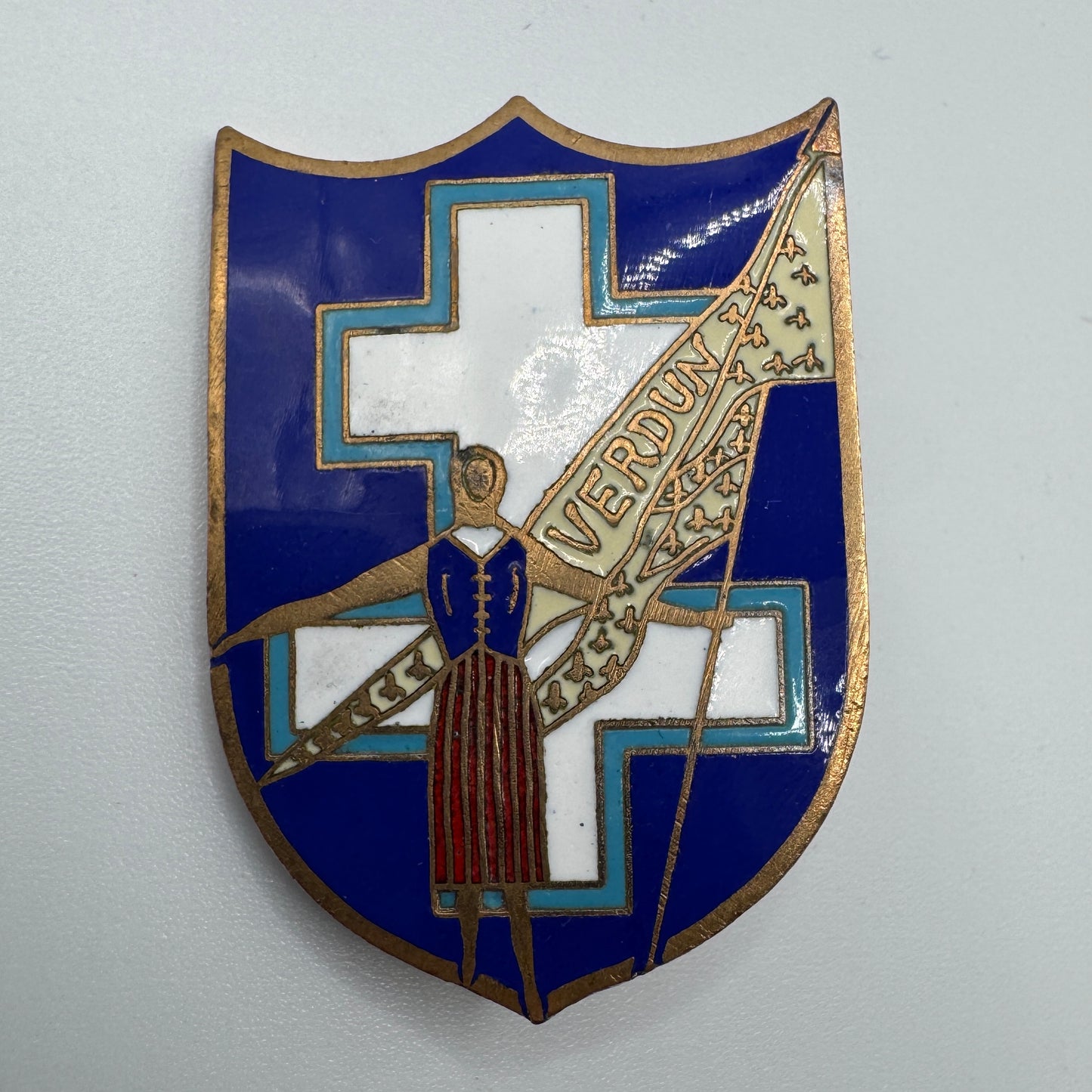 Broche ancienne Jeanne D’arc - métal doré émaillé