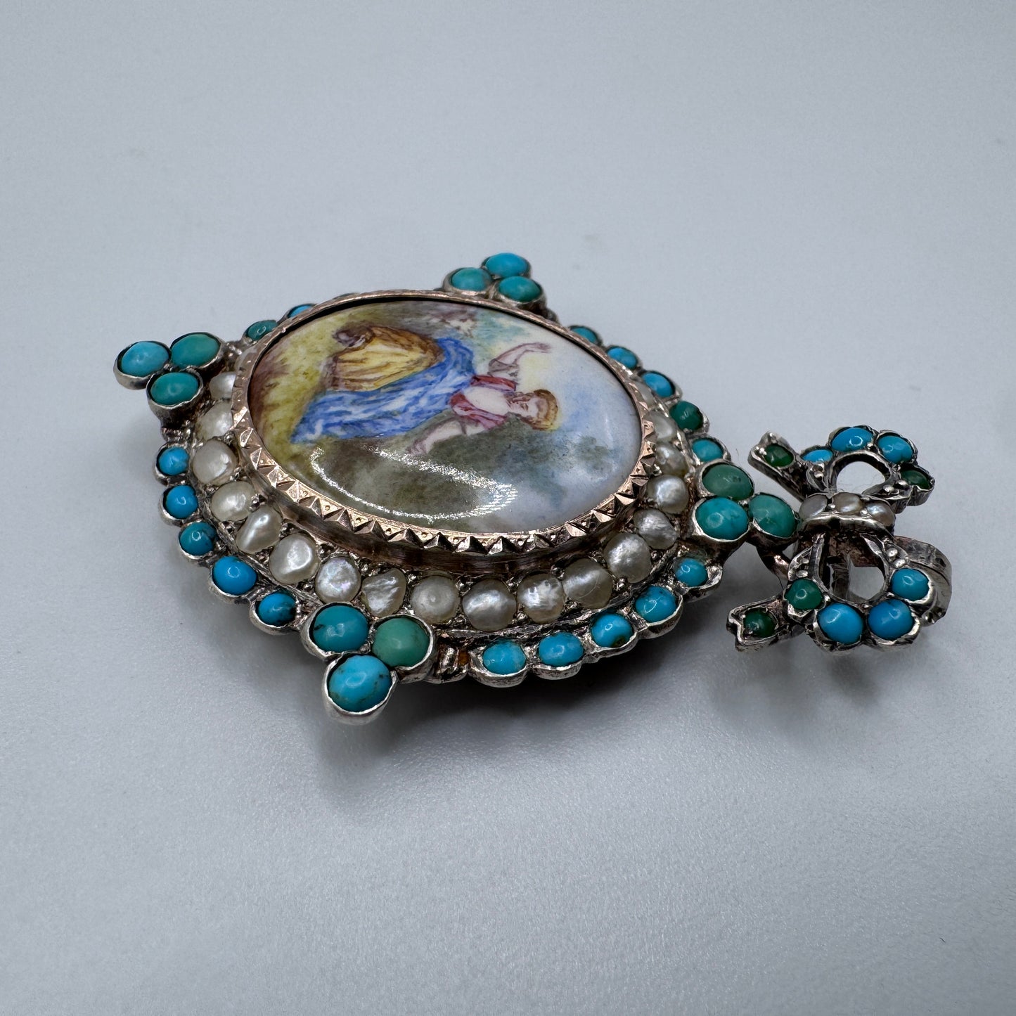 Rare Pendentif porte relique XIXe - argent massif vermeil, nacre, turquoise et émail