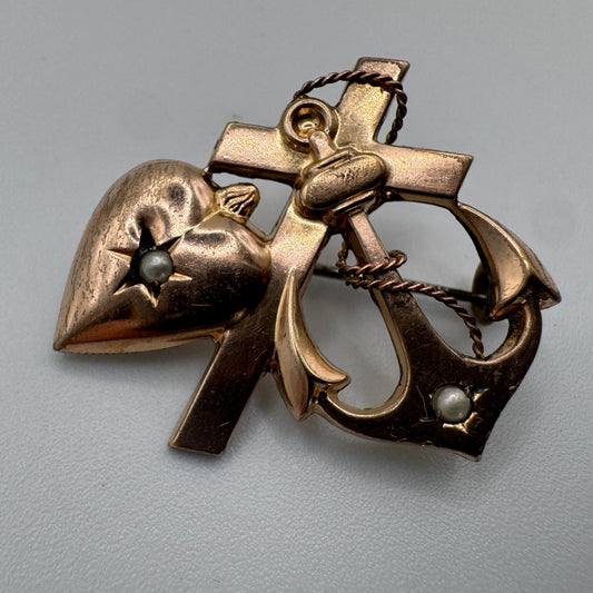 Broche ancienne vers 1900 « cœur, croix,ancre » - plaqué or