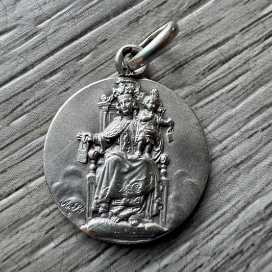 Médaille religieuse ancienne en argent - scapulaire de la vierge Marie