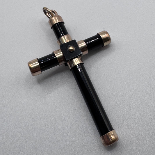 Superbe Croix de deuil ancienne - plaque or et onyx