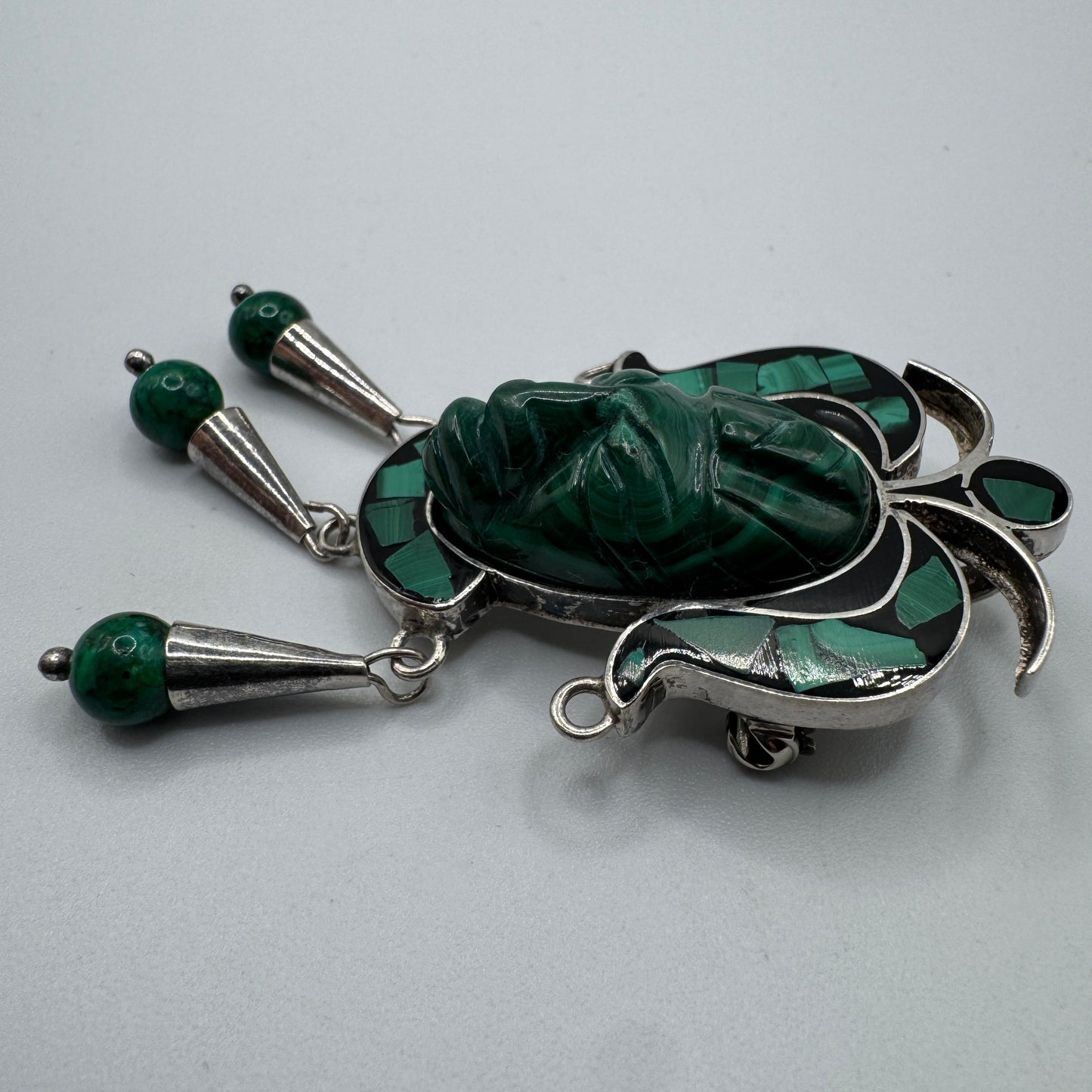 Broche ancienne Mexique - argent et malachite