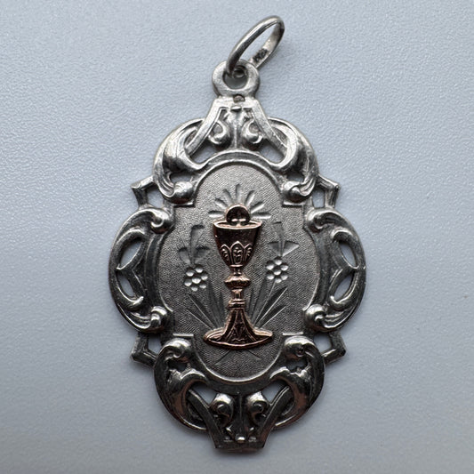 Superbe Médaille religieuse ancienne -  « calice » - argent et vermeil