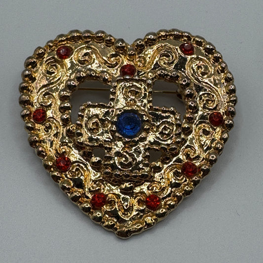 Broche Vintage « cœur » - métal doré et verroterie