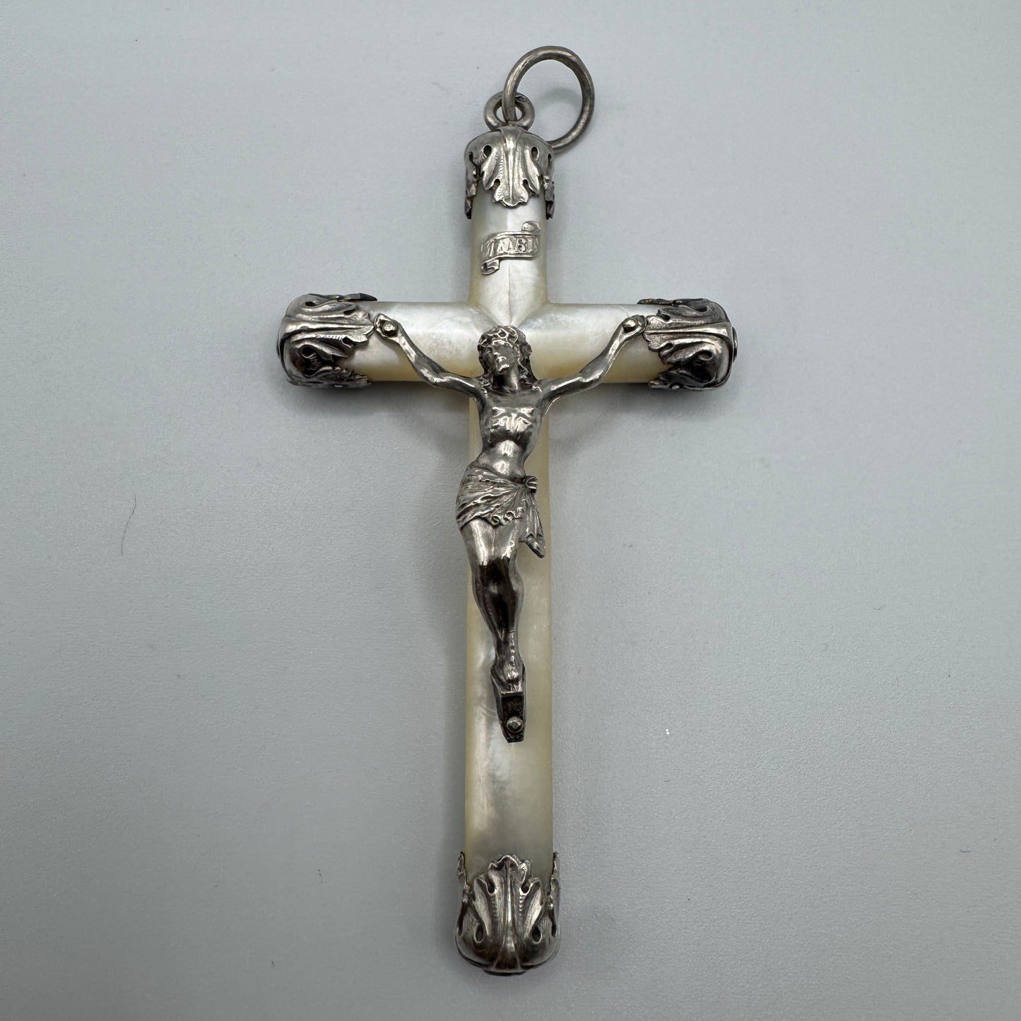 grande Croix crucifix ancien - argent et nacre