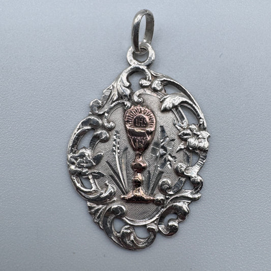 Superbe Médaille religieuse ancienne -  « calice » - argent et vermeil