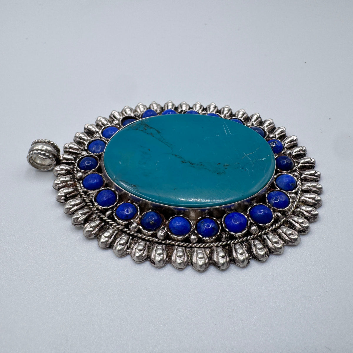 Grand Pendentif en argent, turquoise et lapis-lazuli